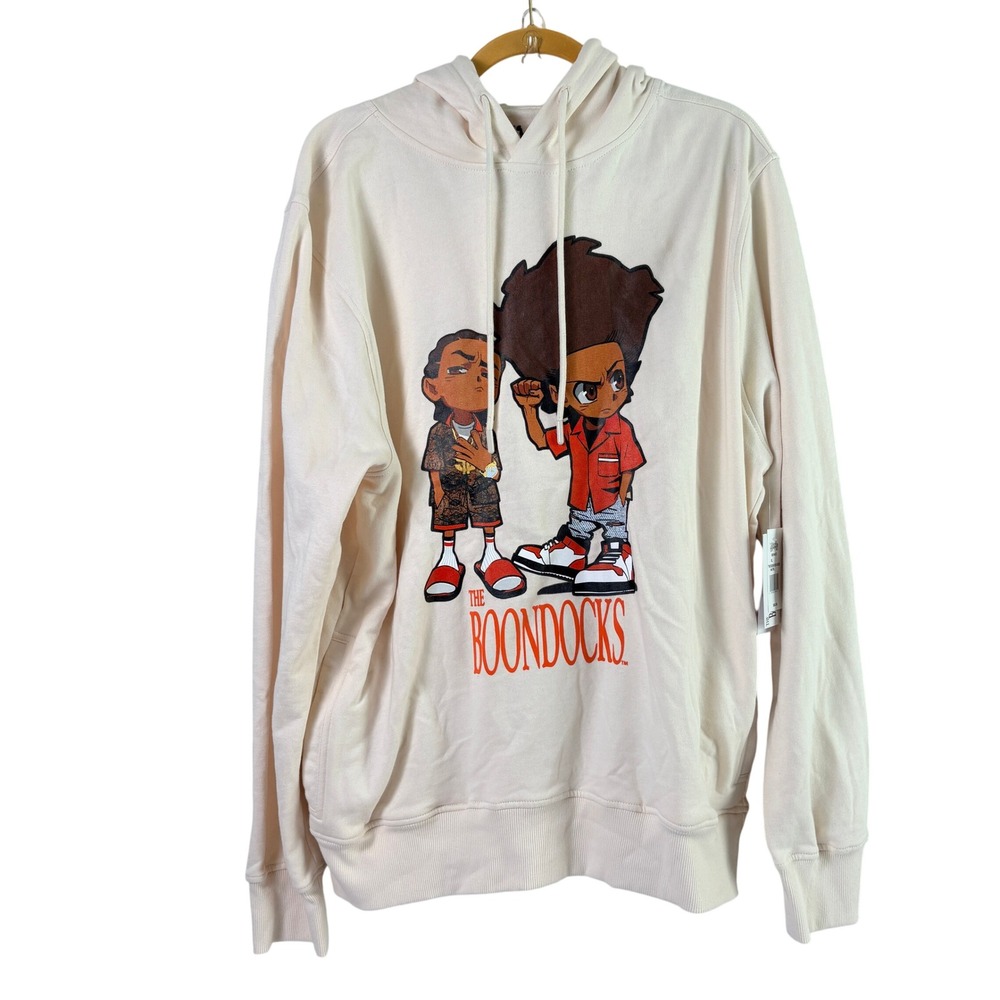 The Boondocks Graphic Hoodie Mens XL Tan Huey Riley Freeman Cotton Pullover NEW